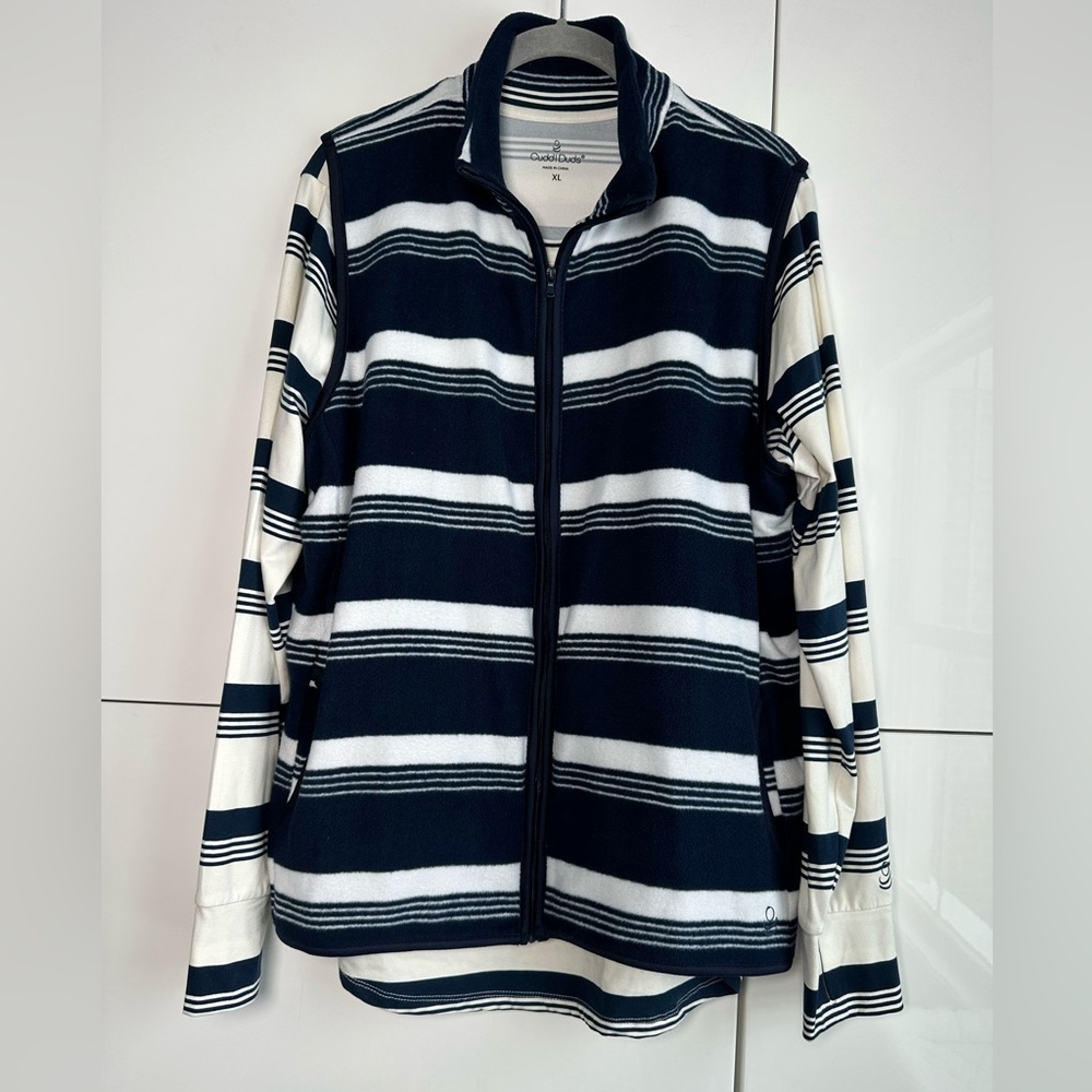 Cuddl Duds Women's Top XL Perfect Pair Fleecewear Vest 2 pc Set Navy Wht Stripe